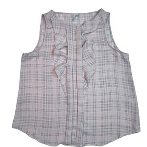 Elle Blouse Womens Large Pale Pink Gray Plaid Ruffles Professional Work Top
